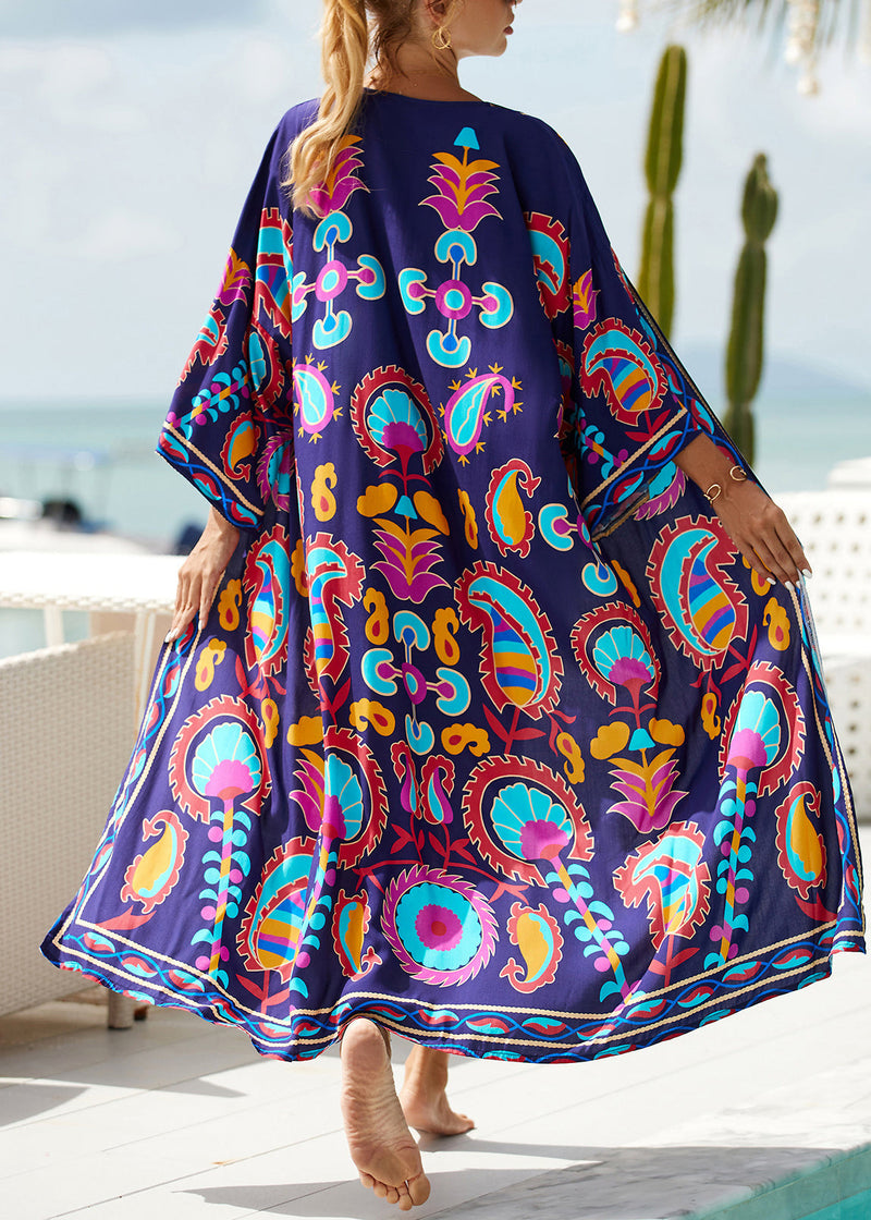 Diy Purple V Neck Print Lace Up Cotton Beach Cardigans Summer