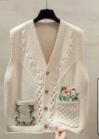 Natural Yellow V Neck Cotton Knitted Waistcoat Fall