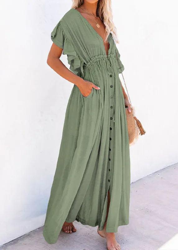 Loose Orange Ruffled Lace Up Patchwork Cotton Maxi Dress Summer