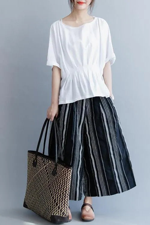 White and Black Cotton Shirt Loose Summer Tops