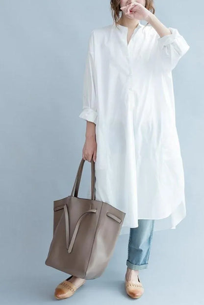 White Cotton Long Shirt Dresses