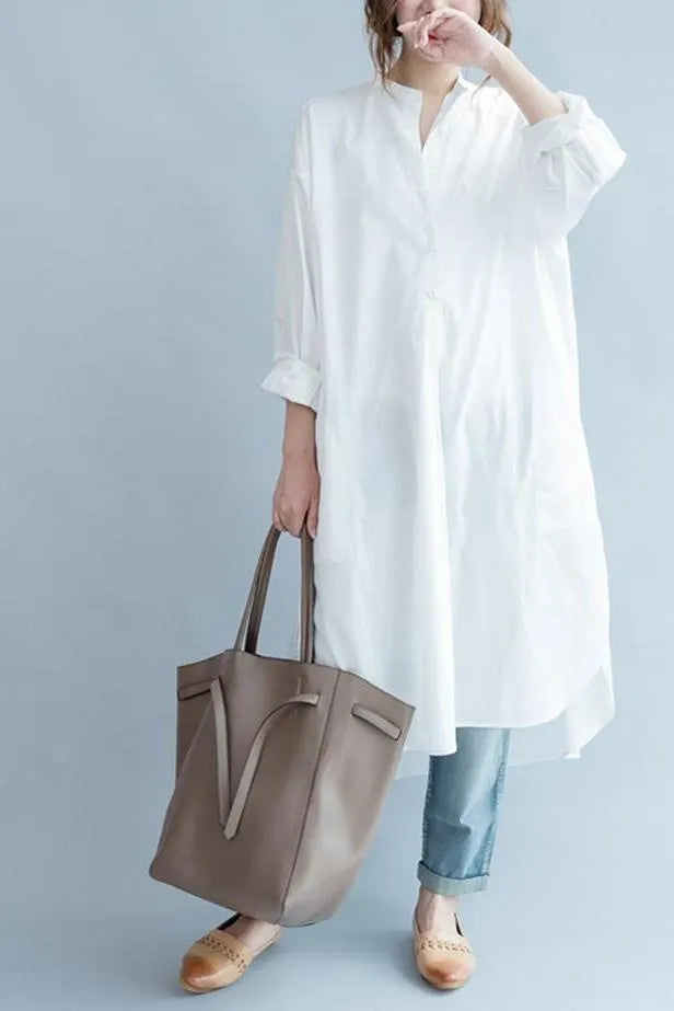 White Cotton Long Shirt Dresses