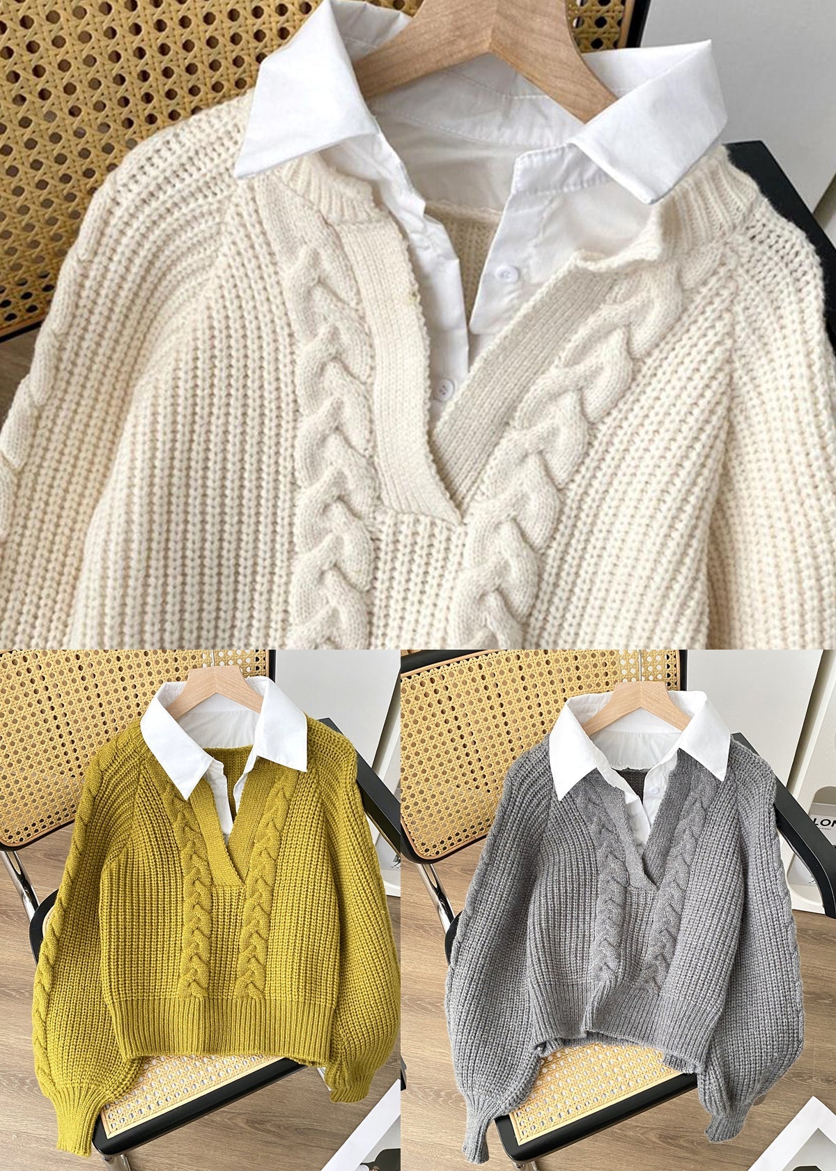 Grey False Two Pieces Patchwork Knit Pullover Spring
