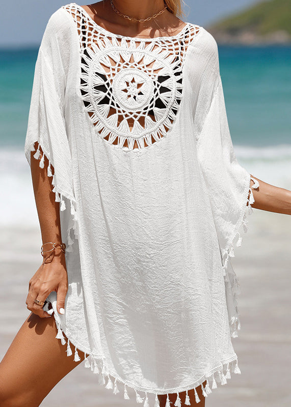 White O Neck Hollow Out Tassel Cotton Mid Dress Summer
