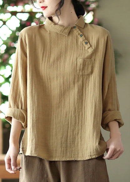 Handmade Khaki Peter Pan Collar Asymmetrical Design Cotton Shirts Long Sleeve
