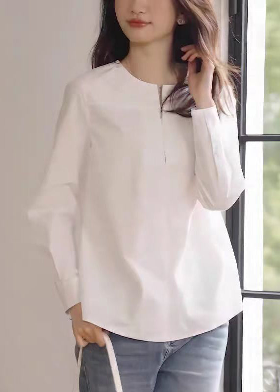 White O-neck Zip Up Cotton Shirt Fall