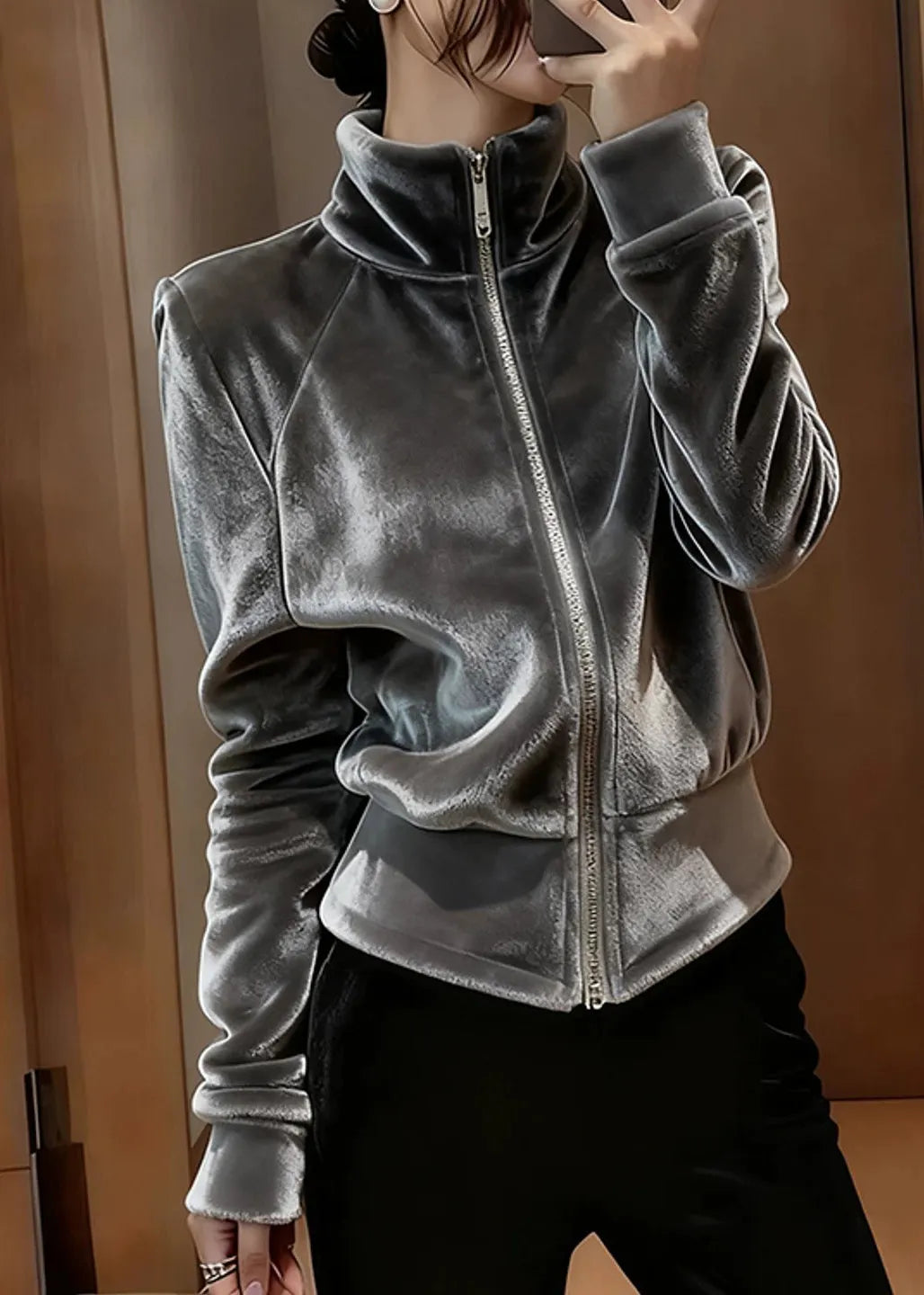 Modern Grey Stand Collar Zippered Silk Velvet Coat Fall