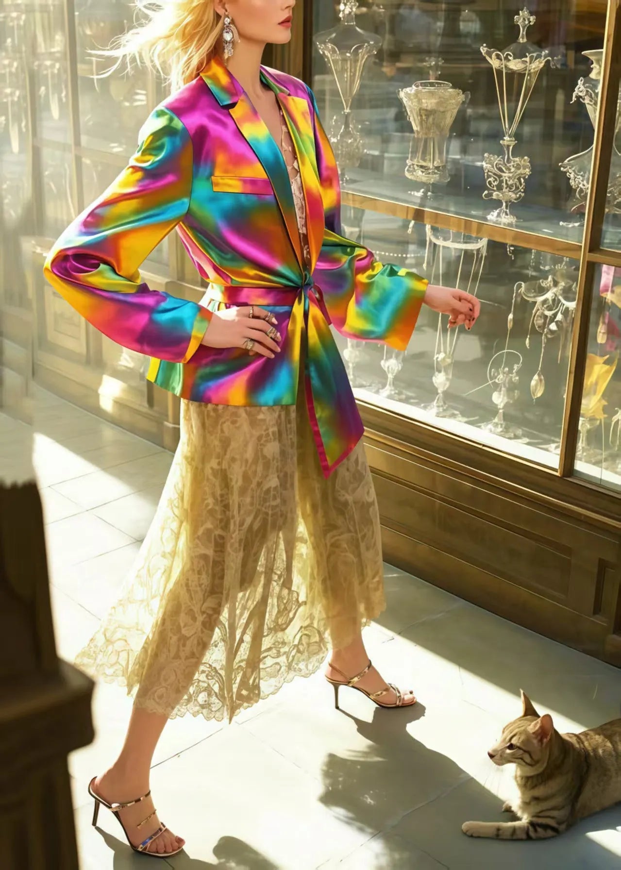 Rainbow Asymmetrical Tie Dye Silk Jacket Spring