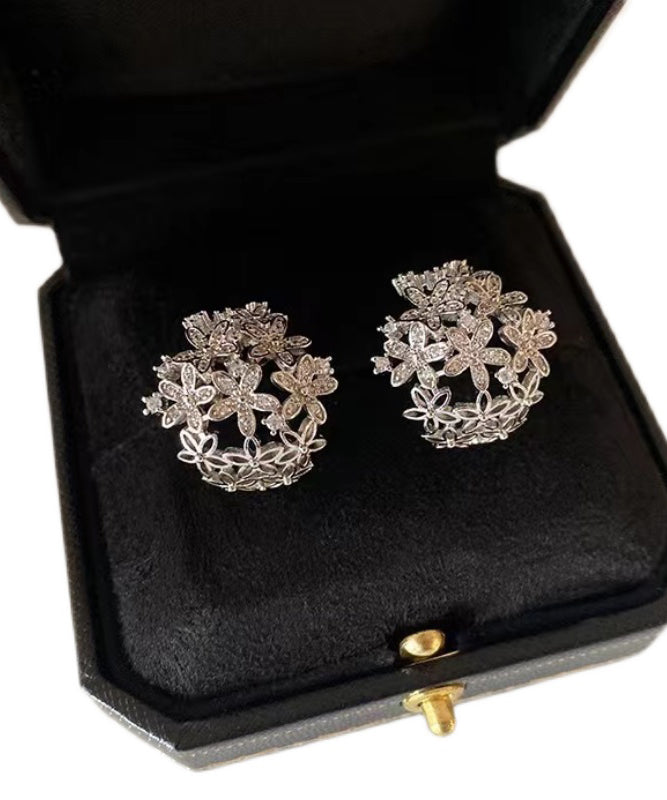 Silk Sterling Silver Zircon Hollowed Out Hoop Earrings