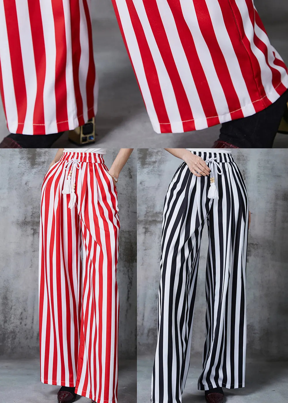 Black Tasseled Striped Cotton Straight Pants Summer