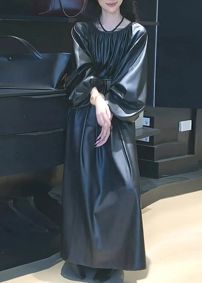 Black Cinched Tie Waist Pu Maxi Dresses Spring