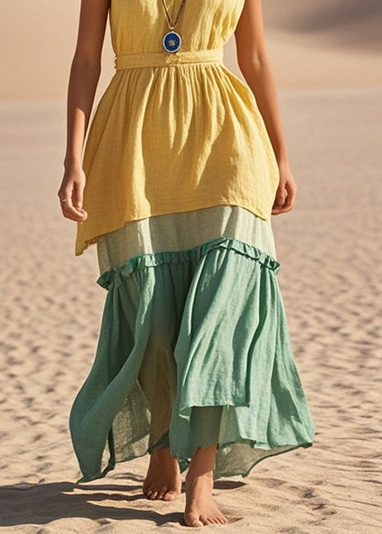 Yellow V Neck Patchwork Cotton Vacation Dresses Summer