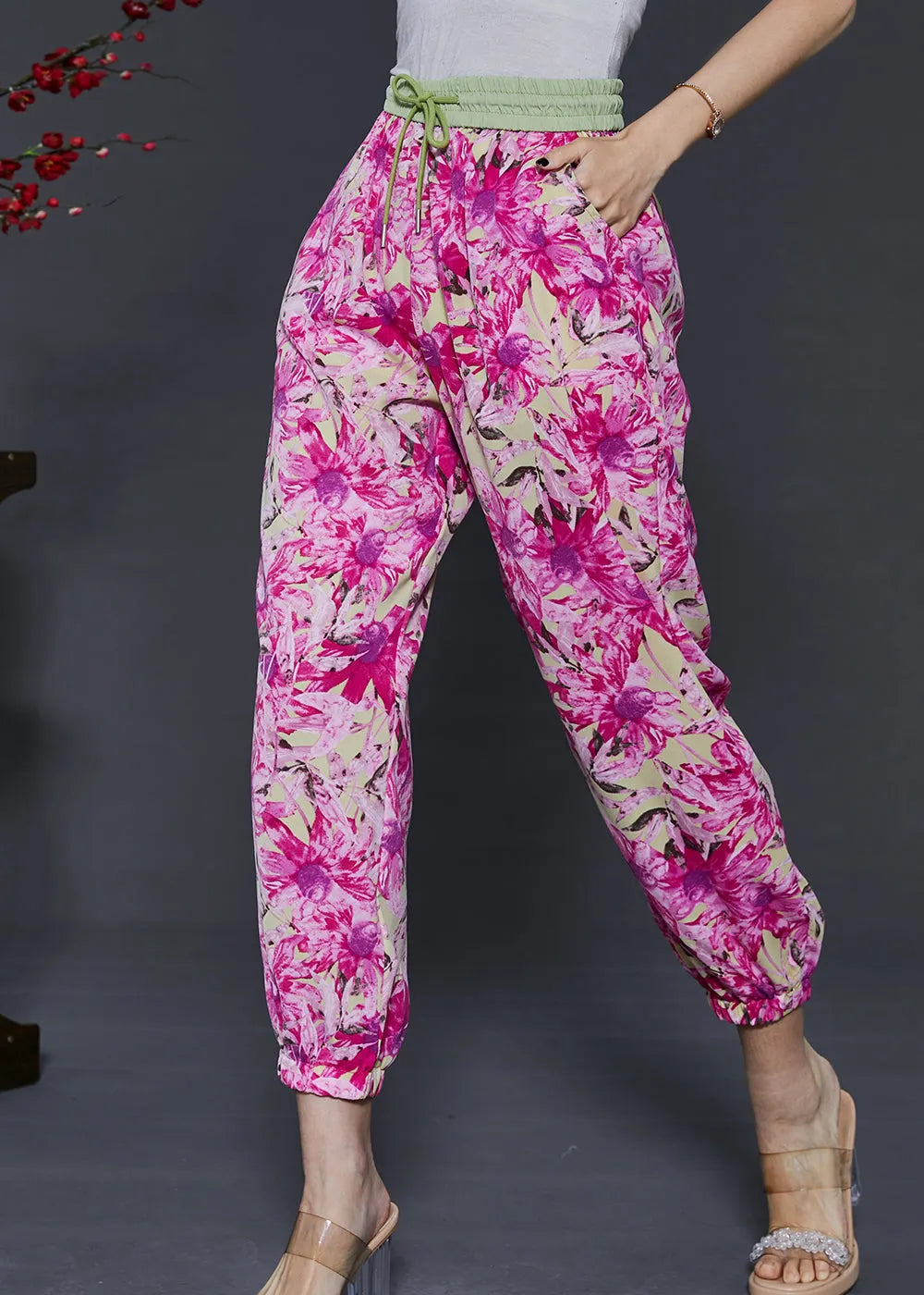 Rose Print Pockets Chiffon Pants Summer
