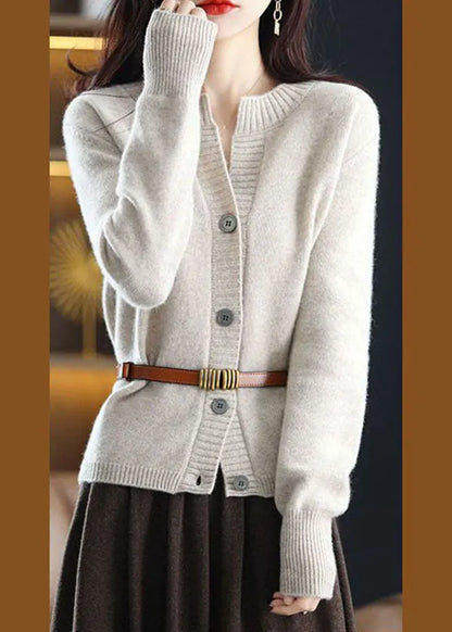 White O-neck Button Woolen Knit Coat Outwear Winter