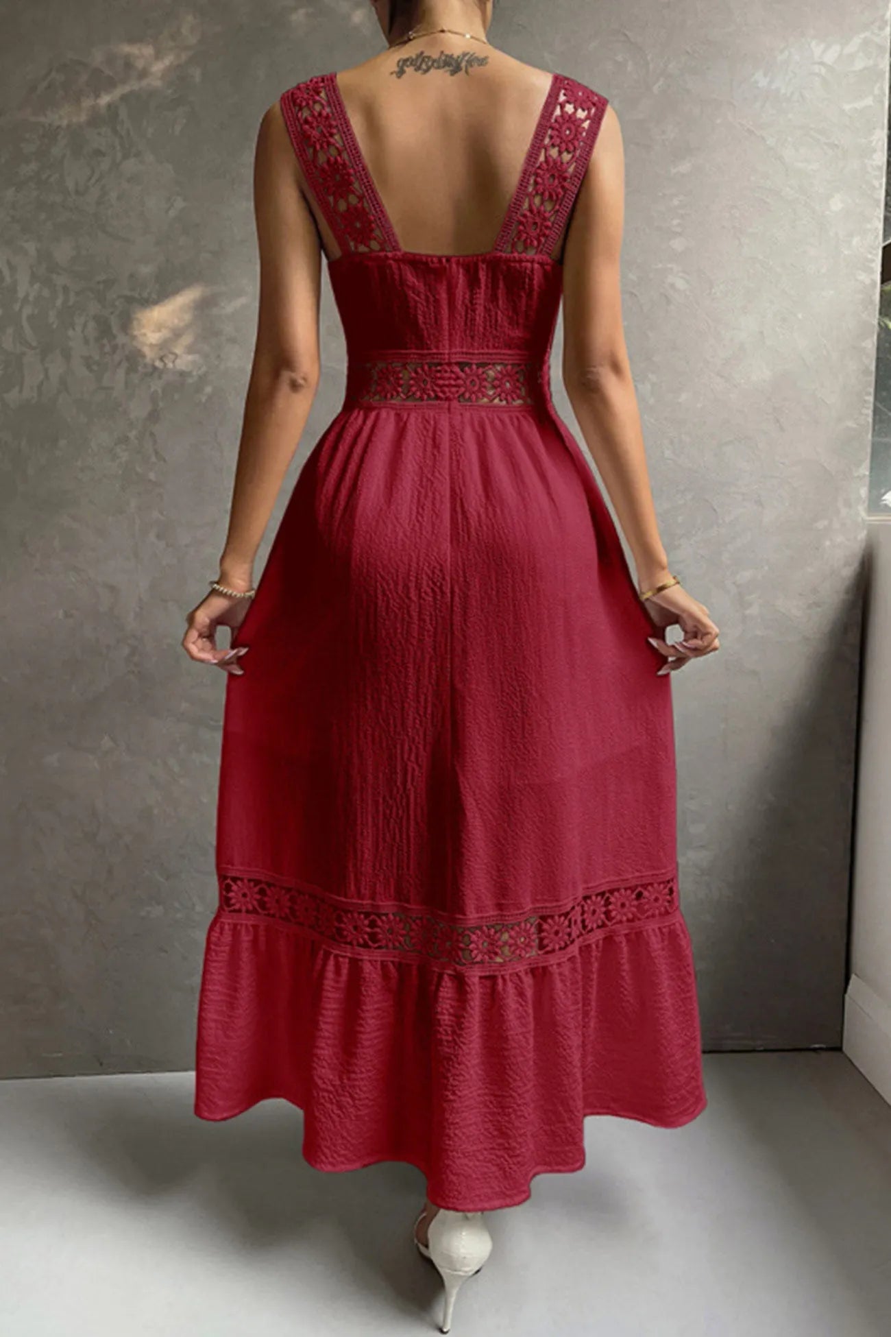 Jacquard Hollow Out Tiered Midi Dress