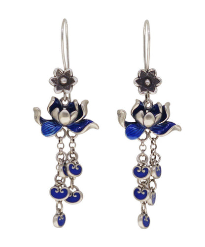 Blue Sterling Silver Cloisonne Lotus Tassel Drop Earrings