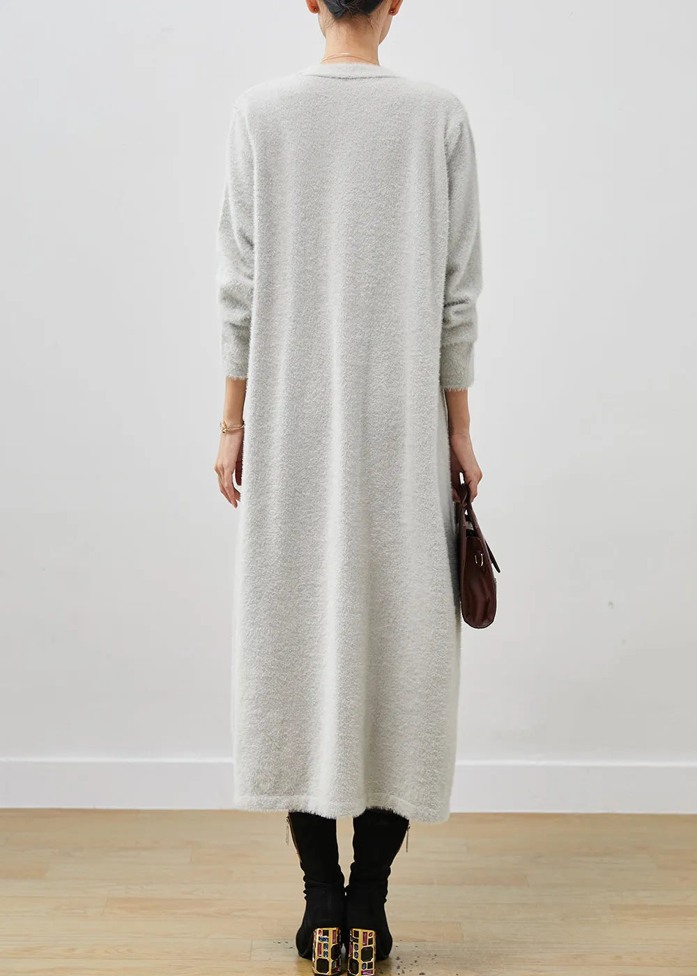Classy Grey Oversized Mink Velvet Knitted Loose Coat Winter