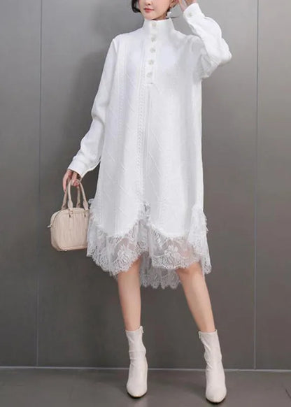 White Peter Pan Collar Lace Patchwork Long Dresses Spring