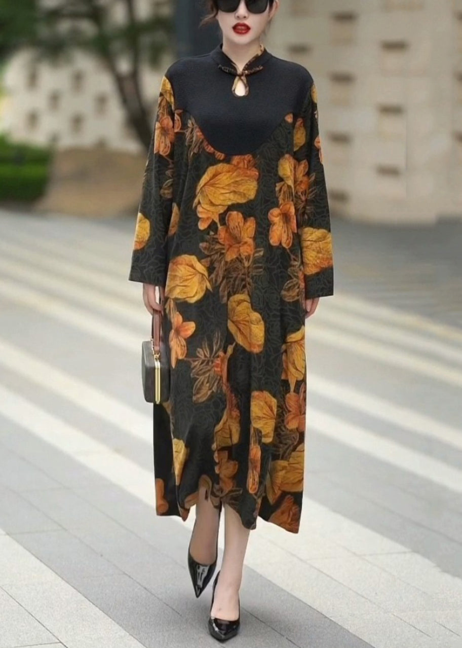 Yellow Button Print Silk Long Dresses Fall