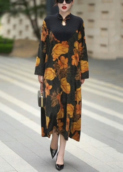 Yellow Button Print Silk Long Dresses Fall