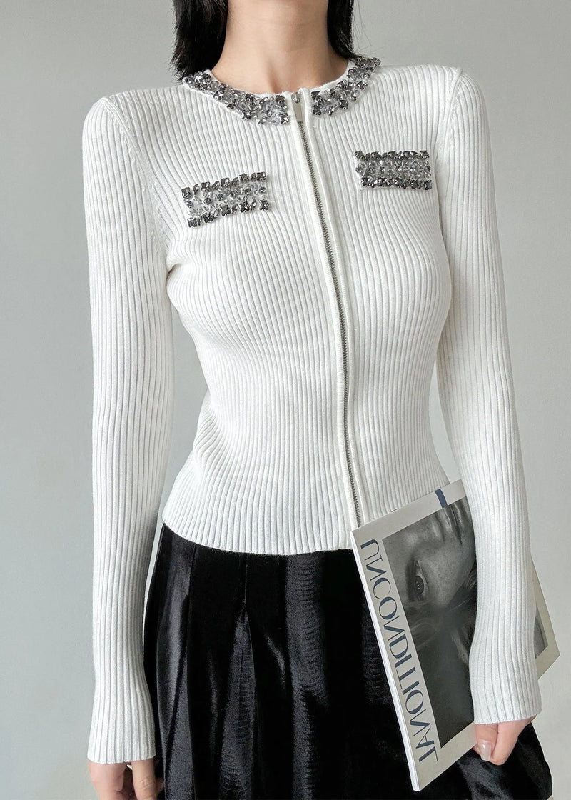 Stylish Black O-neck Zip Up Zircon Wool Cardigans Spring