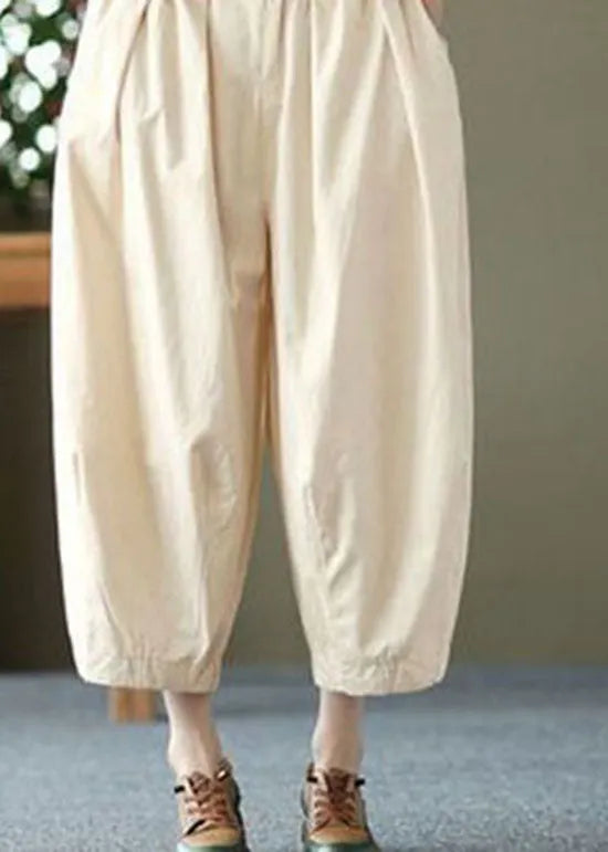 Beige Pockets Wrinkled Patchwork Linen Crop Pants Summer