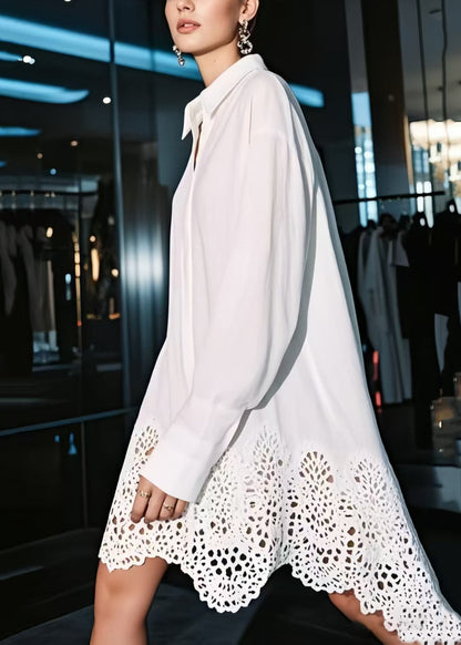 White Oversized Hollow Out Cotton Shirt Dresses Spring