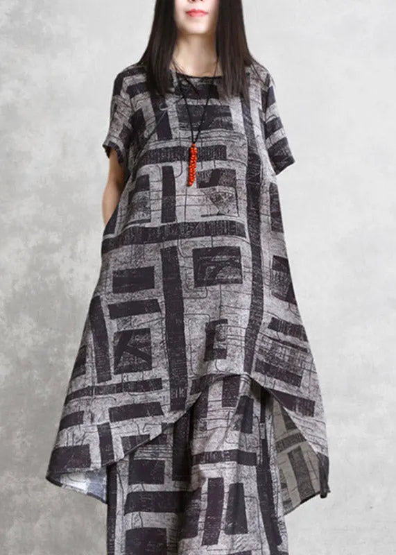 Loose Black O-neck Print Linen Top and Wide Leg Pants Two Piece Set Summer