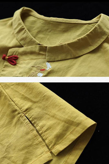 Embroidered Turn Down Collar Linen Retro T-shirt