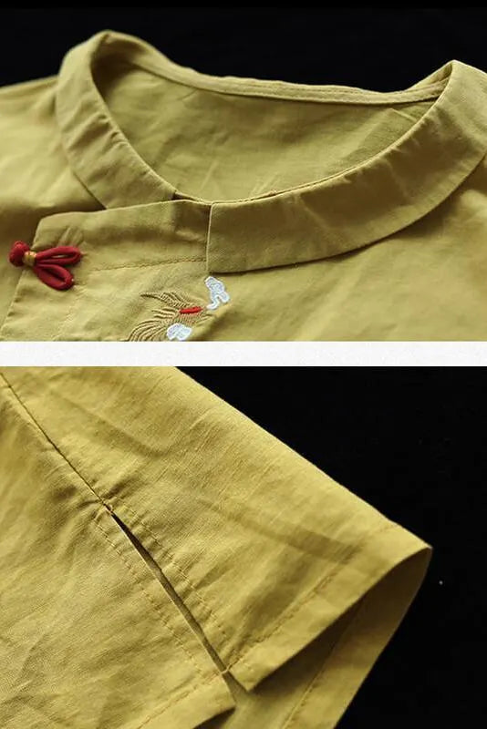 Embroidered Turn Down Collar Linen Retro T-shirt
