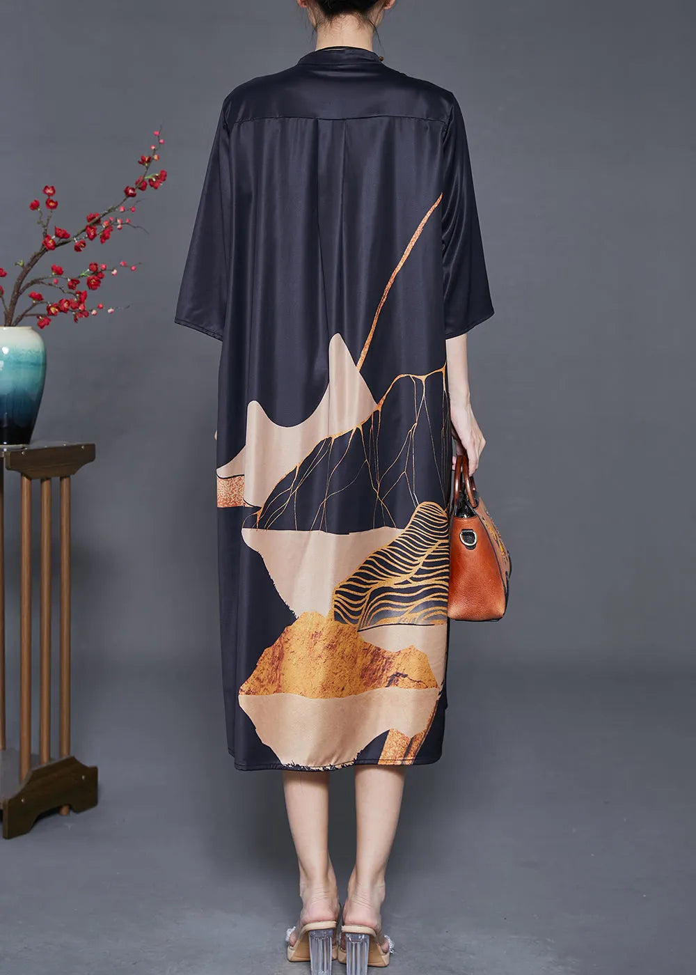 Black Print Wrinkled Silk Shirt Dress Summer