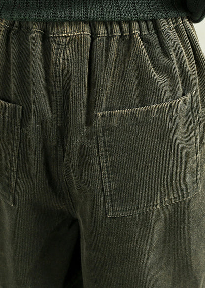 Green Pockets Elastic Waist Corduroy Warm Fleece Pants Winter