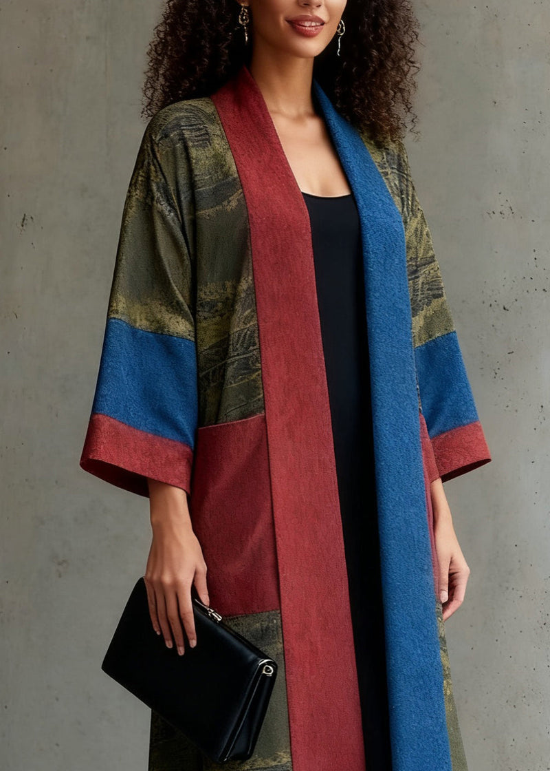 Loose Green Pockets Patchwork Silk Long Cardigans Spring