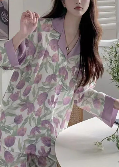 Purple Tulip Print Button Ice Silk Pajamas Two Pieces Set Spring