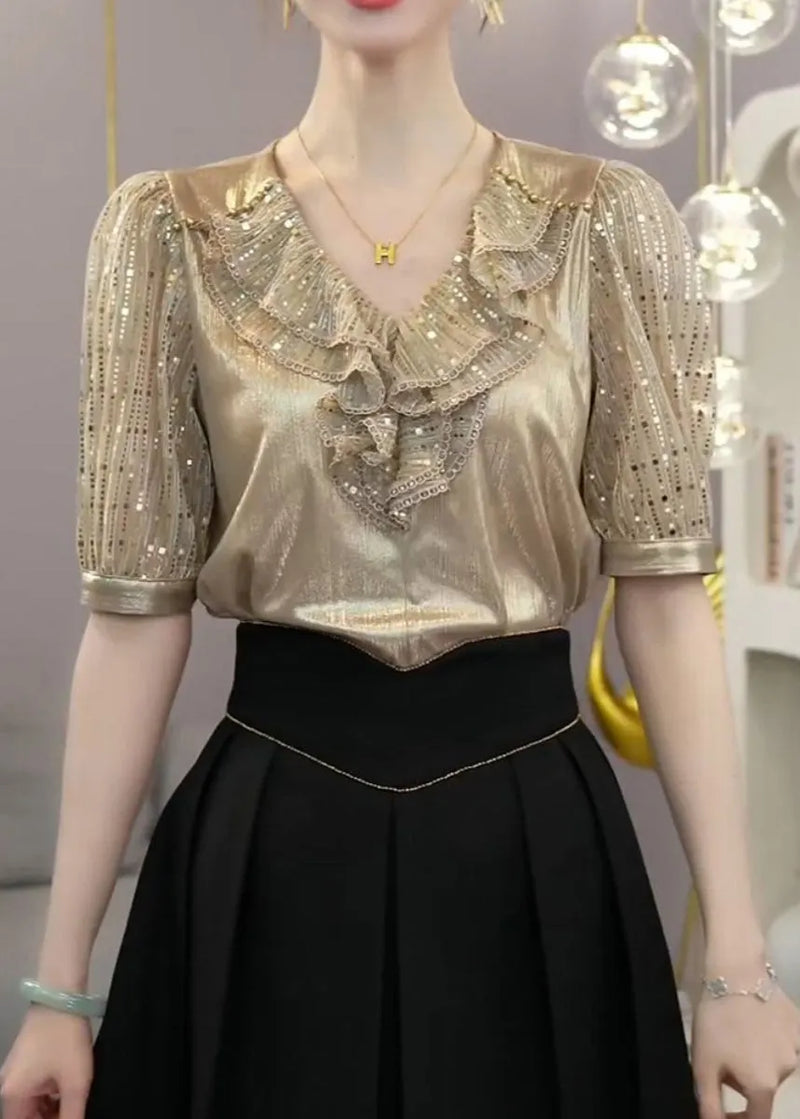 Champagne Ruffled Patchwork Silk Top Short Sleeve