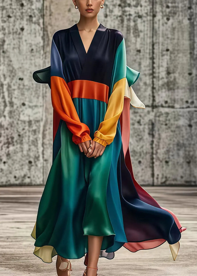 Unique Colorblock Oversized Patchwork Draping Silk Vacation Dresses Fall
