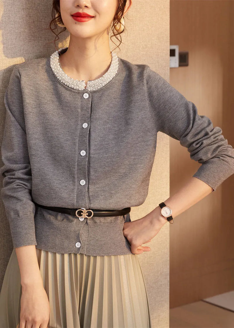 Classy Grey O-neck Nail Bead Wool Knit Cardigans Spring