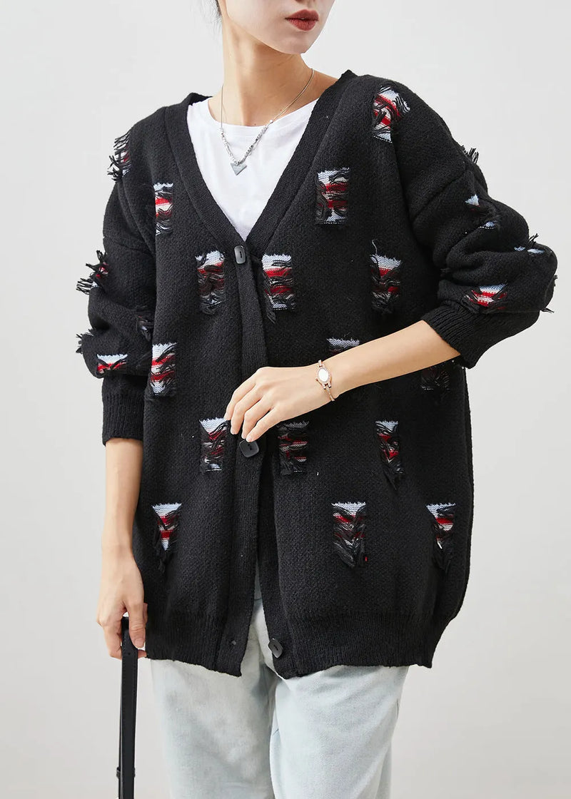Black Oversized Ripped Thick Knit Coat Spring