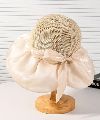 New Dark Khaki Knit Patchwork Satin Bow Bucket Hat