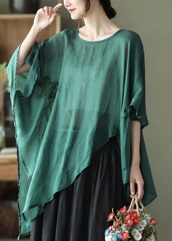 Art Black Phoenix Asymmetrical Design Embroidered Summer Ramie Shirt Tops