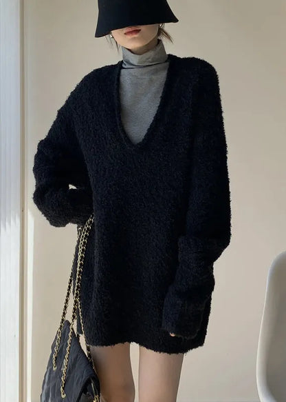 Simple Black V Neck Knit Sets 2 Pieces Winte