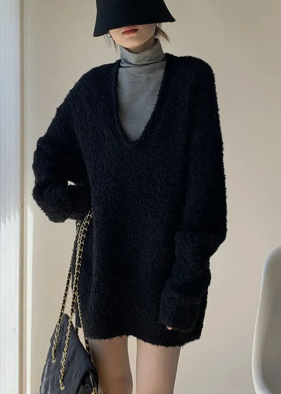 Simple Black V Neck Knit Sets 2 Pieces Winte