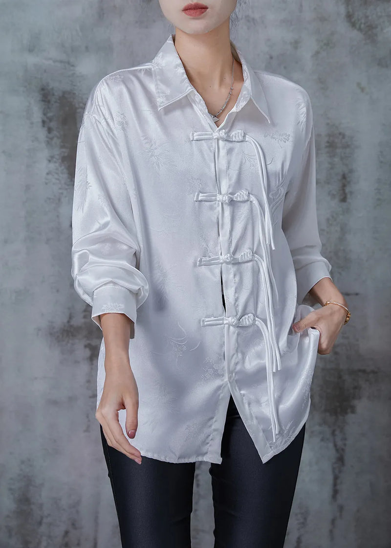 White Draping Silk Shirts Tasseled Chinese Button Spring