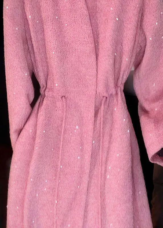 Pink V Neck Sequins Drawstring Coat Fall