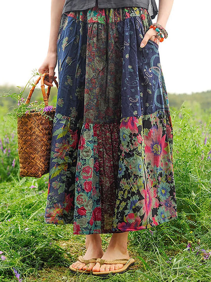 Retro Splicing Cloth Flower Printed Skirt