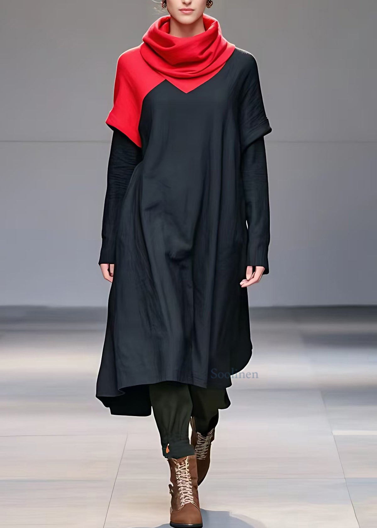 Black Turtleneck Fake Two Pieces Holiday Long Dress Long Sleeve