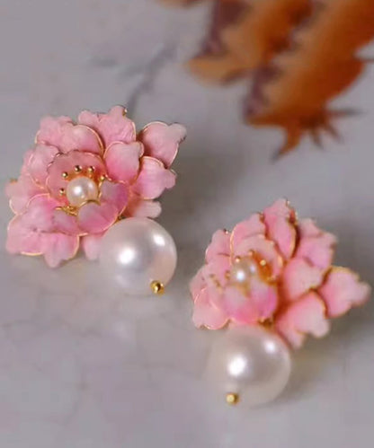Pink Alloy Pearl Drip Glaze Peach Blossom Stud Earrings