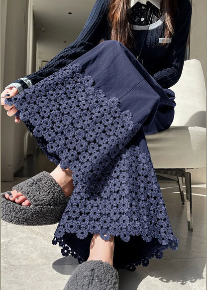 Navy Embroidered Cotton Crop Pants Fall