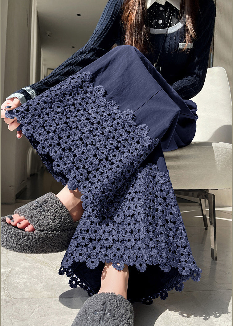 Navy Embroidered Cotton Crop Pants Fall