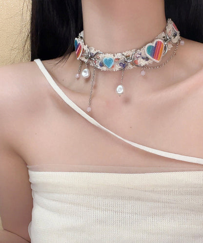 Rainbow Sterling Silver Pearl Love Tassel Choker